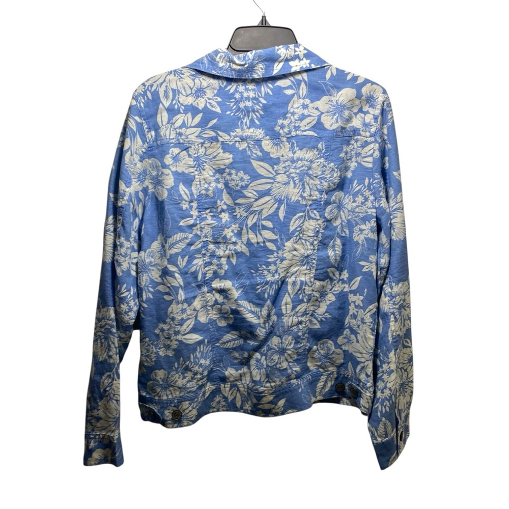 100% Linen Floral Long Sleeve Utility Jacket Womens Romantic Light M Blue Pocket - Picture 3 of 7